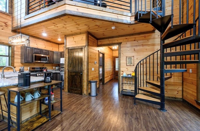 kitchen with a towering ceiling, wood walls, stainless steel appliances, and dark wood finished floors