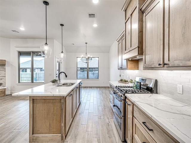 kitchen featuring sink, a kitchen island with sink, backsplash, stainless steel appliances, and decorative light fixtures