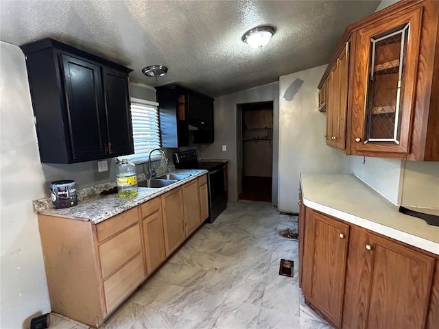 kitchen featuring black electric range, sink, and a textured ceiling