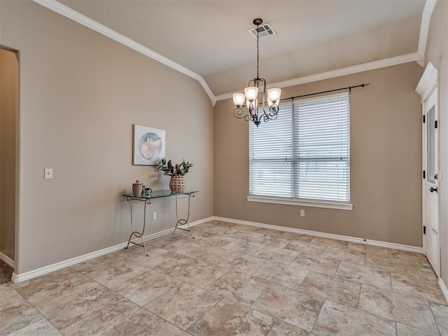 unfurnished dining area featuring lofted ceiling, a notable chandelier, and ornamental molding