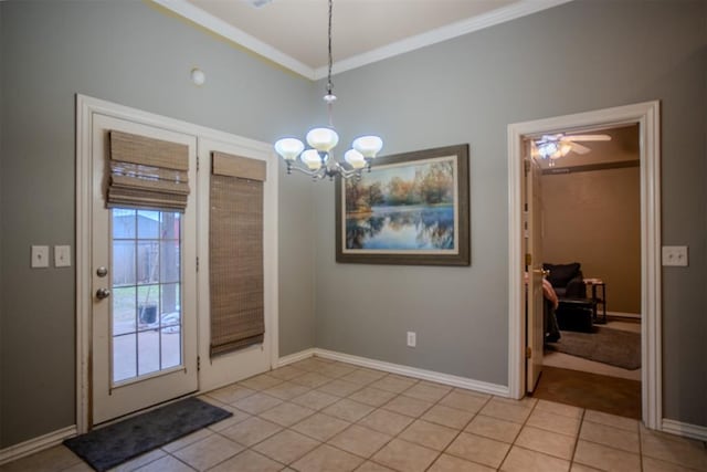 doorway featuring crown molding, light tile patterned floors, and a chandelier