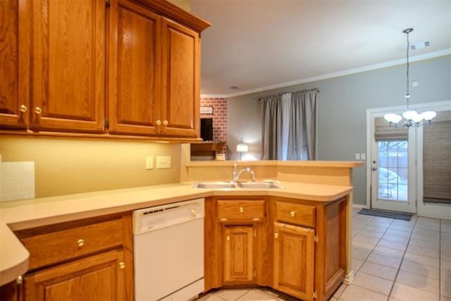 kitchen featuring sink, light tile patterned floors, white dishwasher, ornamental molding, and kitchen peninsula