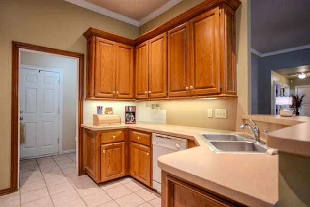 kitchen with crown molding, sink, light tile patterned floors, and white dishwasher