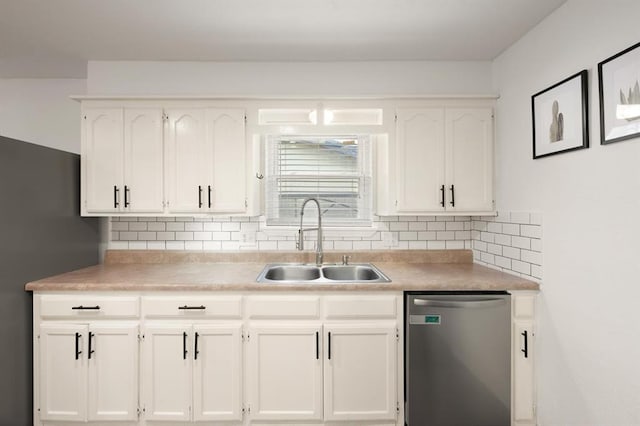 kitchen with sink, decorative backsplash, stainless steel dishwasher, and white cabinets