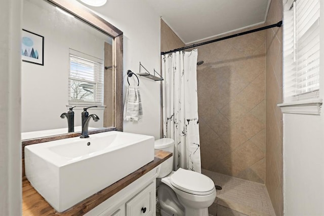 bathroom featuring vanity, toilet, and curtained shower