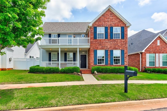 view of front of home with a balcony, covered porch, and a front lawn