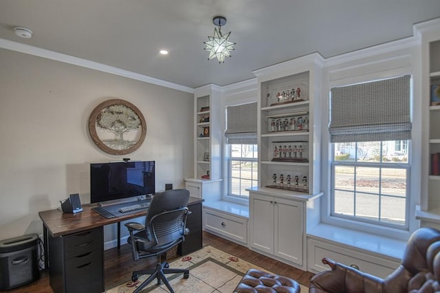 office featuring crown molding, a healthy amount of sunlight, and dark hardwood / wood-style floors