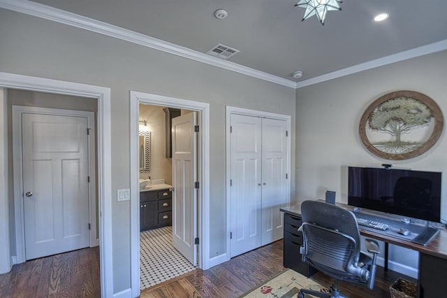 office space with crown molding and dark hardwood / wood-style floors