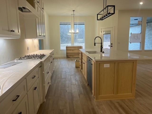 kitchen featuring pendant lighting, sink, a kitchen island with sink, hardwood / wood-style floors, and stainless steel appliances