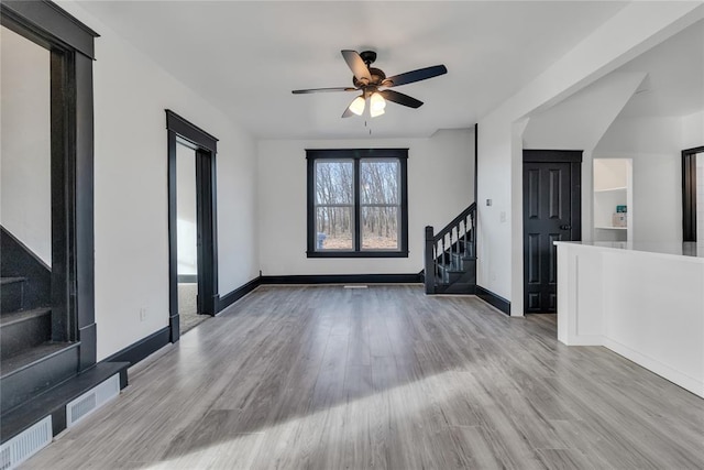 unfurnished living room featuring ceiling fan and light hardwood / wood-style floors