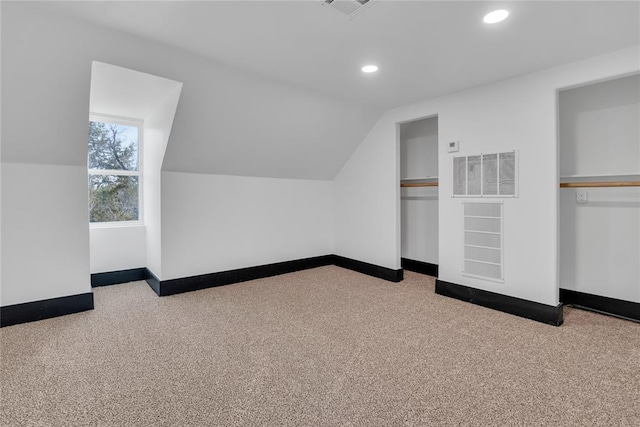 additional living space featuring vaulted ceiling and carpet flooring