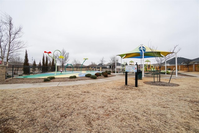 view of playground with a fenced in pool