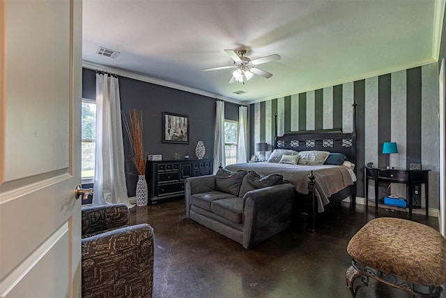 bedroom with crown molding and ceiling fan