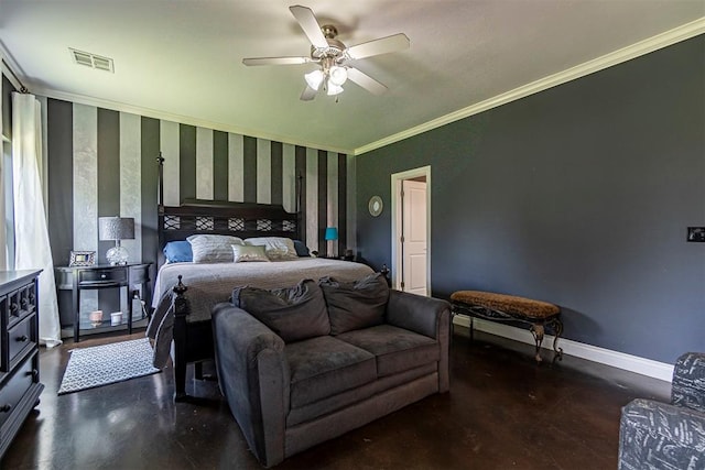 bedroom with crown molding and ceiling fan