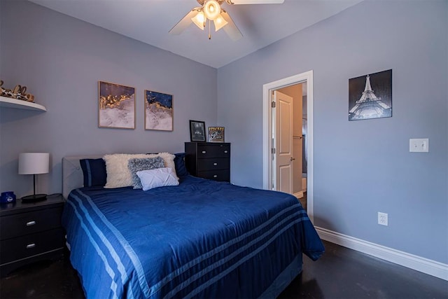 bedroom featuring connected bathroom and ceiling fan