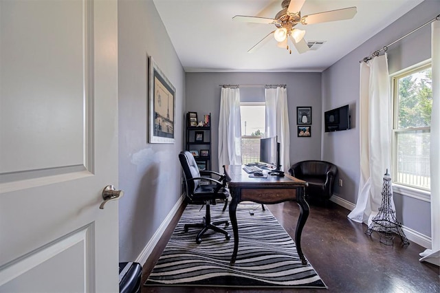 office space featuring a healthy amount of sunlight and ceiling fan