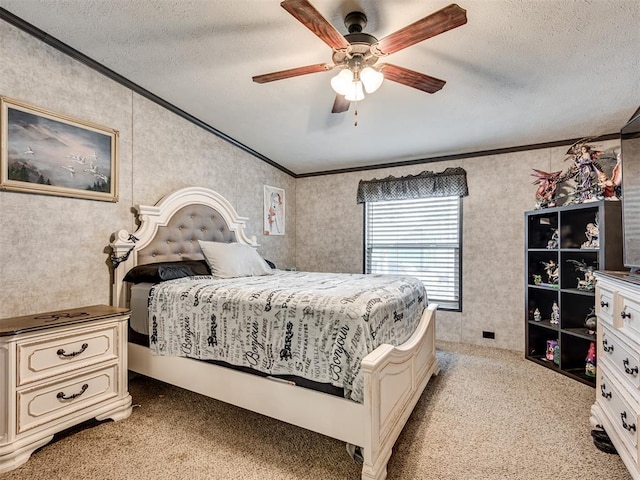 bedroom with a textured ceiling, crown molding, and light colored carpet