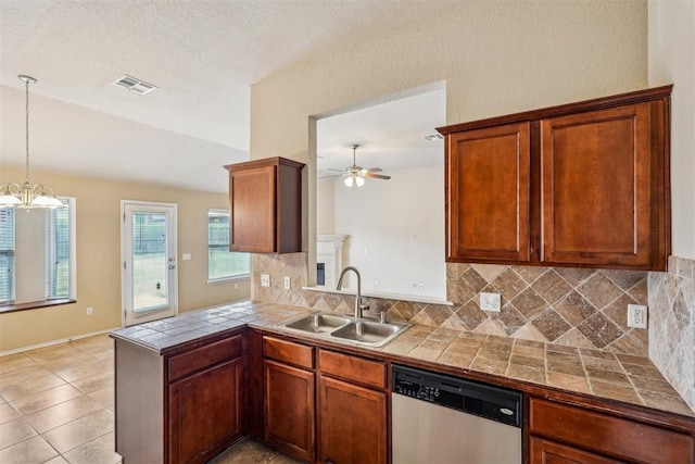 kitchen featuring sink, dishwasher, hanging light fixtures, tasteful backsplash, and kitchen peninsula