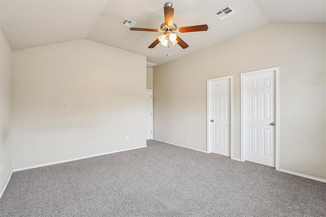 unfurnished bedroom with lofted ceiling, carpet floors, and ceiling fan