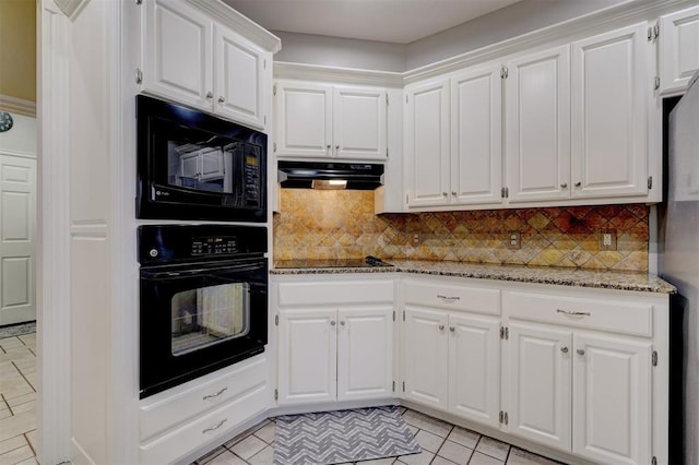 kitchen featuring white cabinetry, tasteful backsplash, ventilation hood, light stone countertops, and black appliances