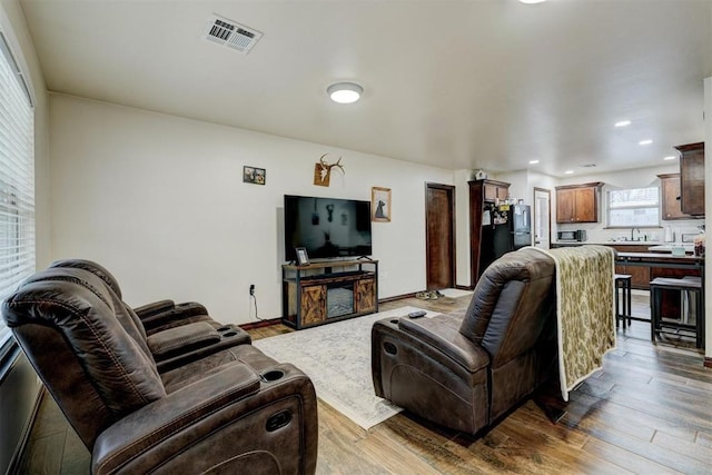 living room featuring sink and light wood-type flooring