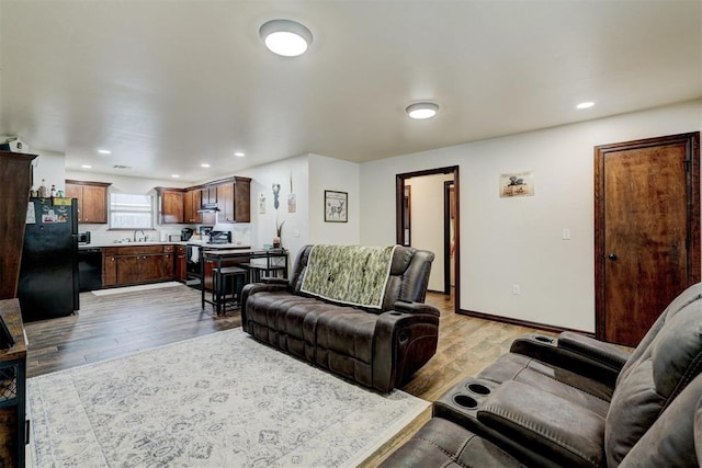 living room with sink and light hardwood / wood-style flooring