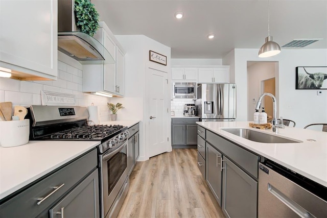 kitchen featuring sink, appliances with stainless steel finishes, hanging light fixtures, white cabinets, and wall chimney exhaust hood