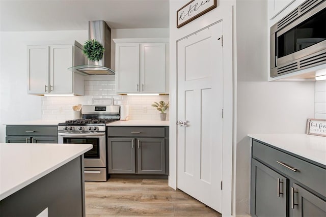 kitchen with light hardwood / wood-style flooring, gray cabinets, stainless steel appliances, tasteful backsplash, and wall chimney exhaust hood