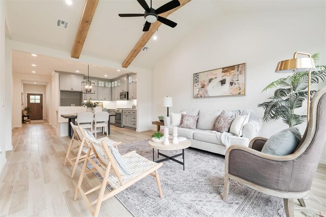 616 Montauk Way, Edmond, OK 73034 - living room with recessed lighting, ceiling fan, high vaulted ceiling, light wood-type flooring, and visible vents