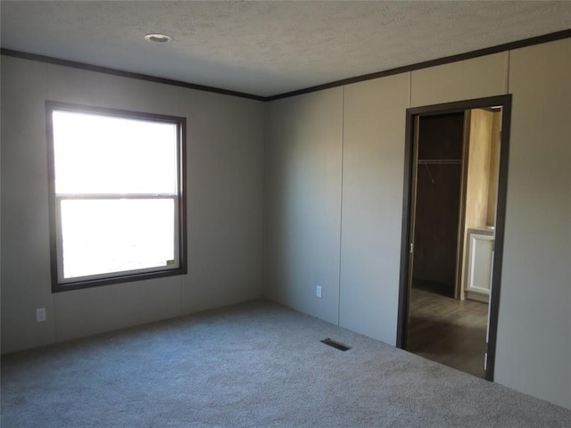 carpeted empty room with ornamental molding and a textured ceiling