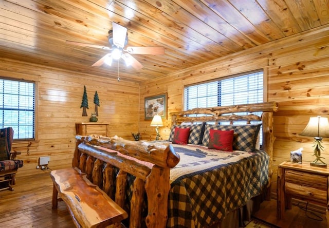 bedroom with wood ceiling, wooden walls, and wood finished floors