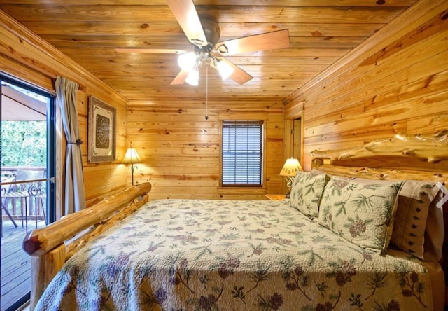 bedroom with access to exterior, wood ceiling, multiple windows, and wooden walls