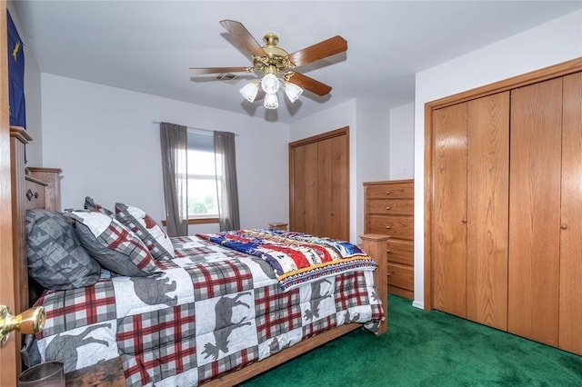 carpeted bedroom featuring ceiling fan