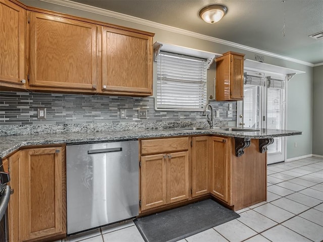 kitchen featuring ornamental molding, stainless steel dishwasher, light tile patterned flooring, and a sink