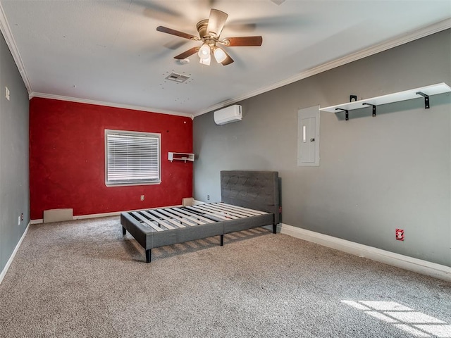 unfurnished bedroom featuring carpet floors, a wall mounted air conditioner, ornamental molding, and baseboards