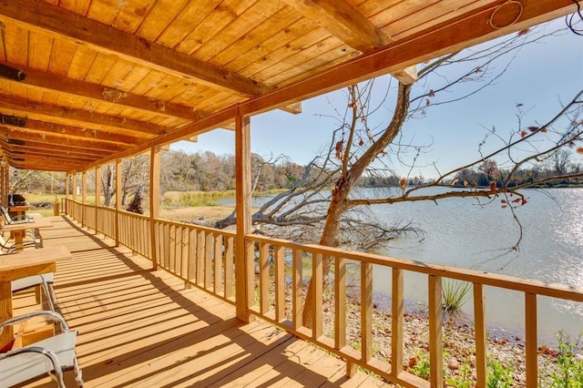 deck featuring a water view