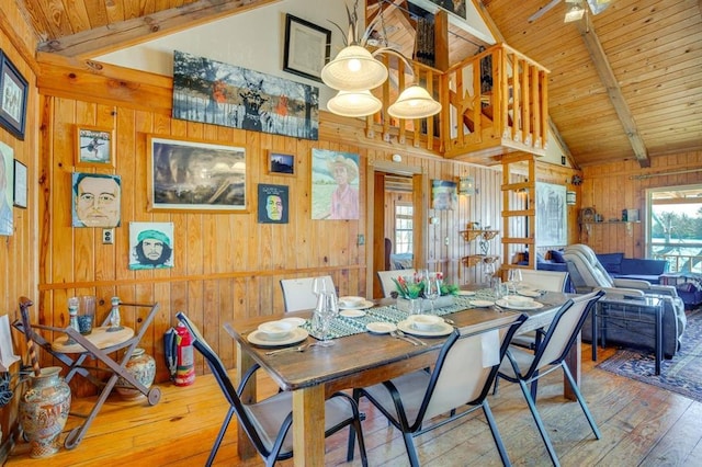 dining space featuring wood ceiling, beam ceiling, wood-type flooring, and wood walls