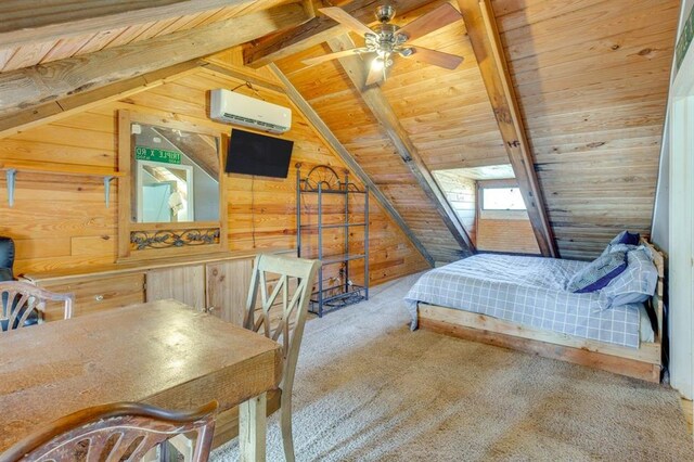 carpeted bedroom with vaulted ceiling with beams, wood ceiling, a wall unit AC, and wood walls