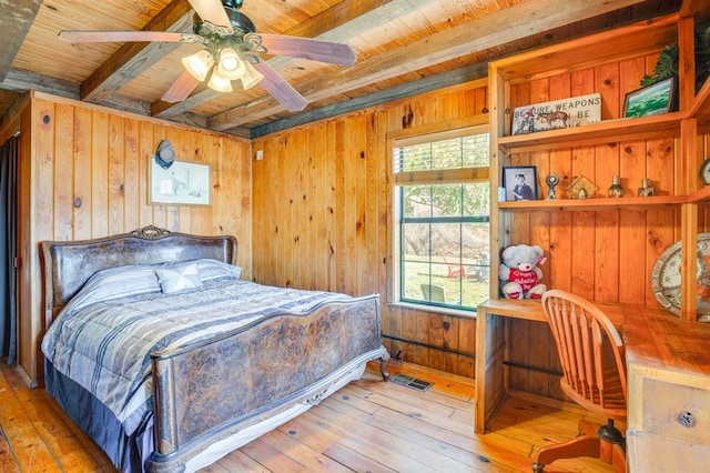 bedroom featuring beam ceiling, wooden walls, wooden ceiling, and light wood-type flooring