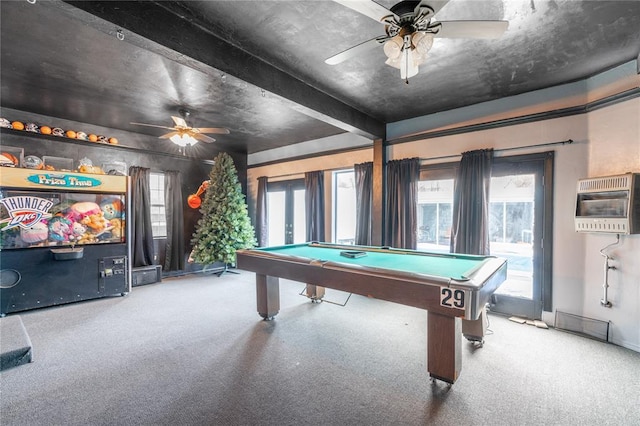 rec room with ceiling fan, billiards, carpet, and heating unit