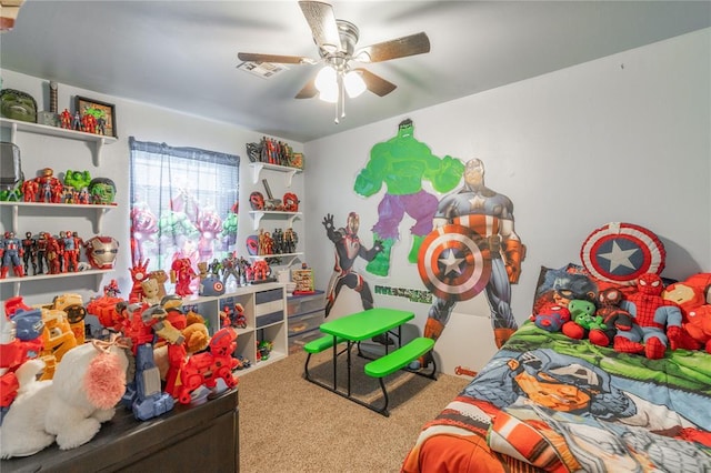 carpeted bedroom featuring ceiling fan