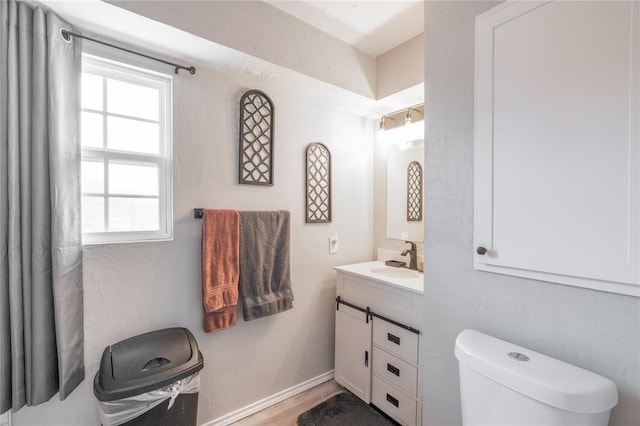 bathroom featuring vanity, toilet, and hardwood / wood-style floors