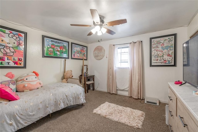 bedroom with ceiling fan and carpet floors