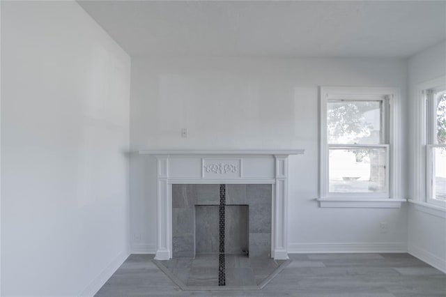 interior details with a tiled fireplace and wood-type flooring