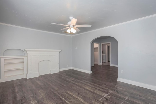 unfurnished living room featuring crown molding, dark wood-type flooring, and ceiling fan