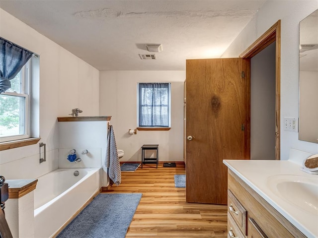 bathroom featuring vanity, hardwood / wood-style floors, a textured ceiling, and a tub to relax in