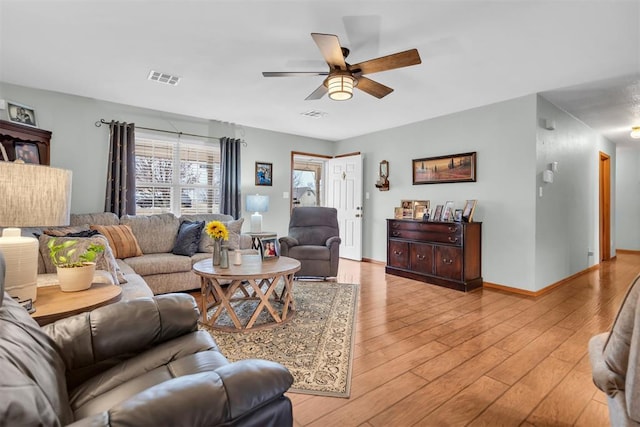 living room featuring ceiling fan and light hardwood / wood-style floors