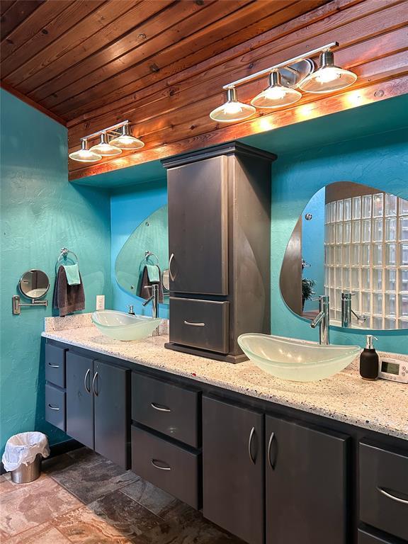 bathroom with vanity and wood ceiling