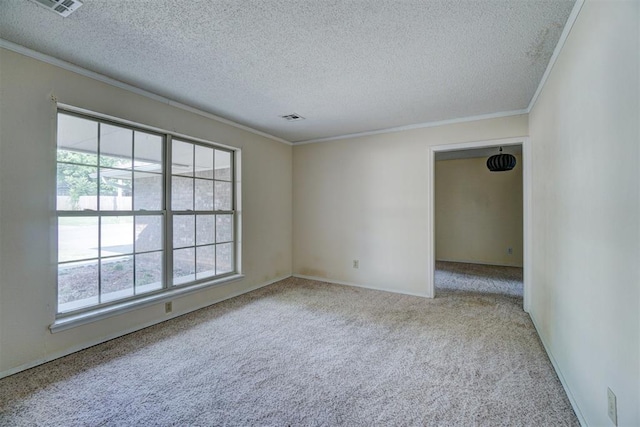 carpeted empty room featuring crown molding and a textured ceiling