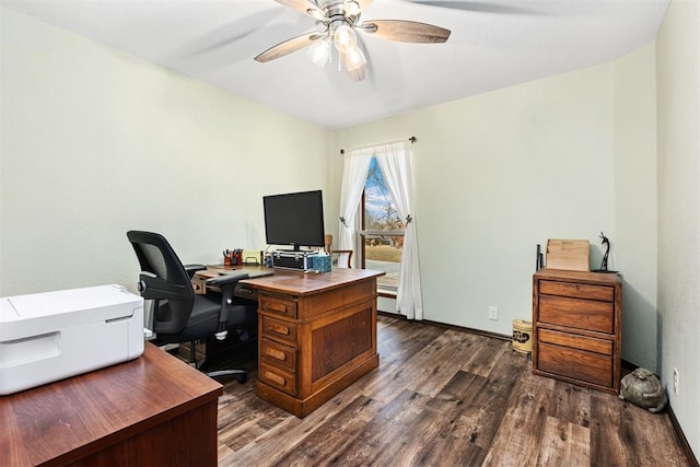 office with dark wood-type flooring and ceiling fan